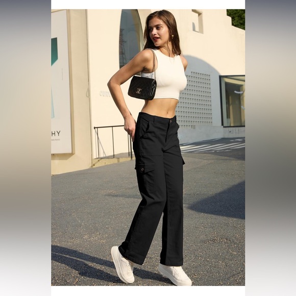 Cargo Pants Women’s 18 Black High Waisted Wide Leg Y2K Stretchy Cotton A5 - Picture 4 of 10